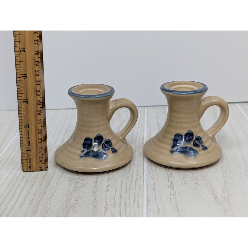 Pfaltzgraff Folk Art Stoneware Candle Holder Set 2 Tan Blue - Picture 2 of 7